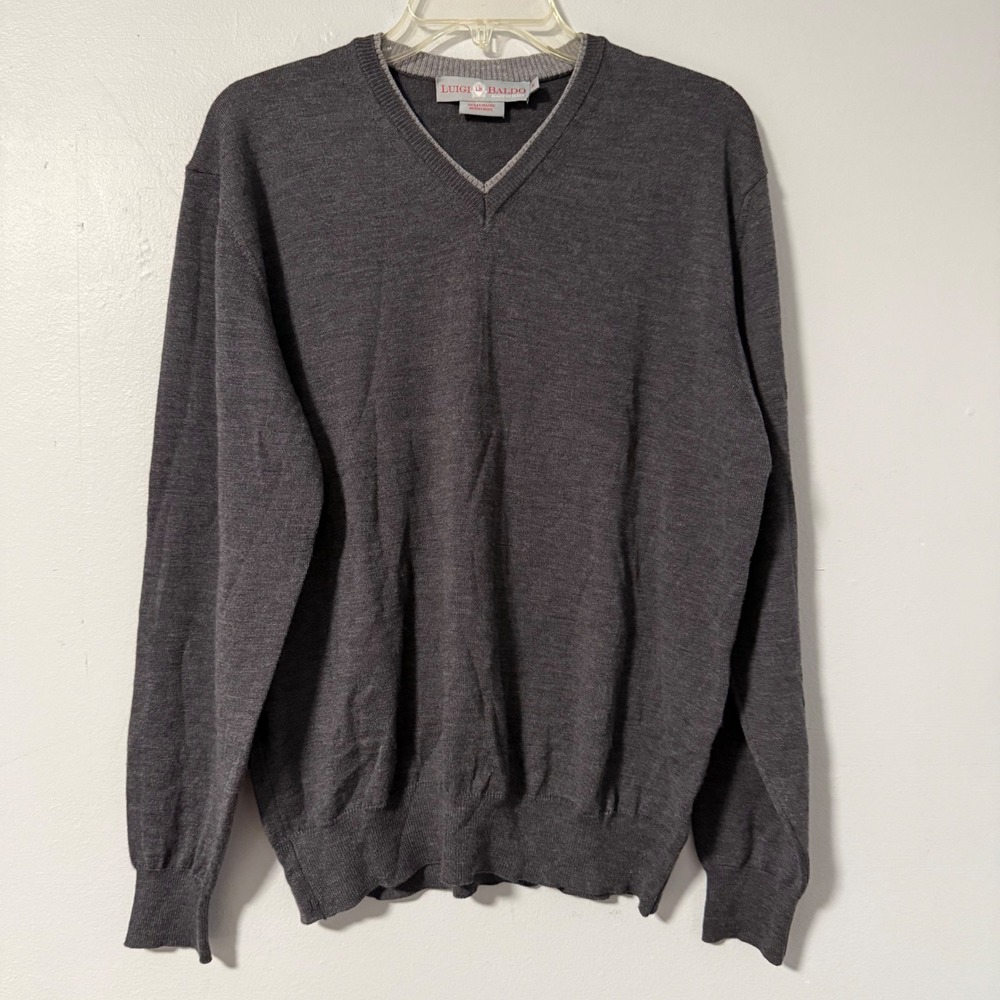 Luigi Baldo Mens V-Neck Merino Fine Gauge Wool Sweater Made in Italy Dark Gray M